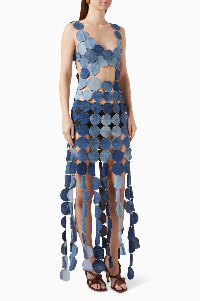 

Upcycled Multicircle Maxi Dress in Denim, Blue