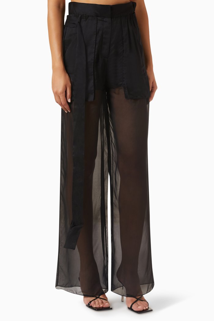 Milo Sheer Wide-leg Pants in Viscose Crêpe & Satin, Black