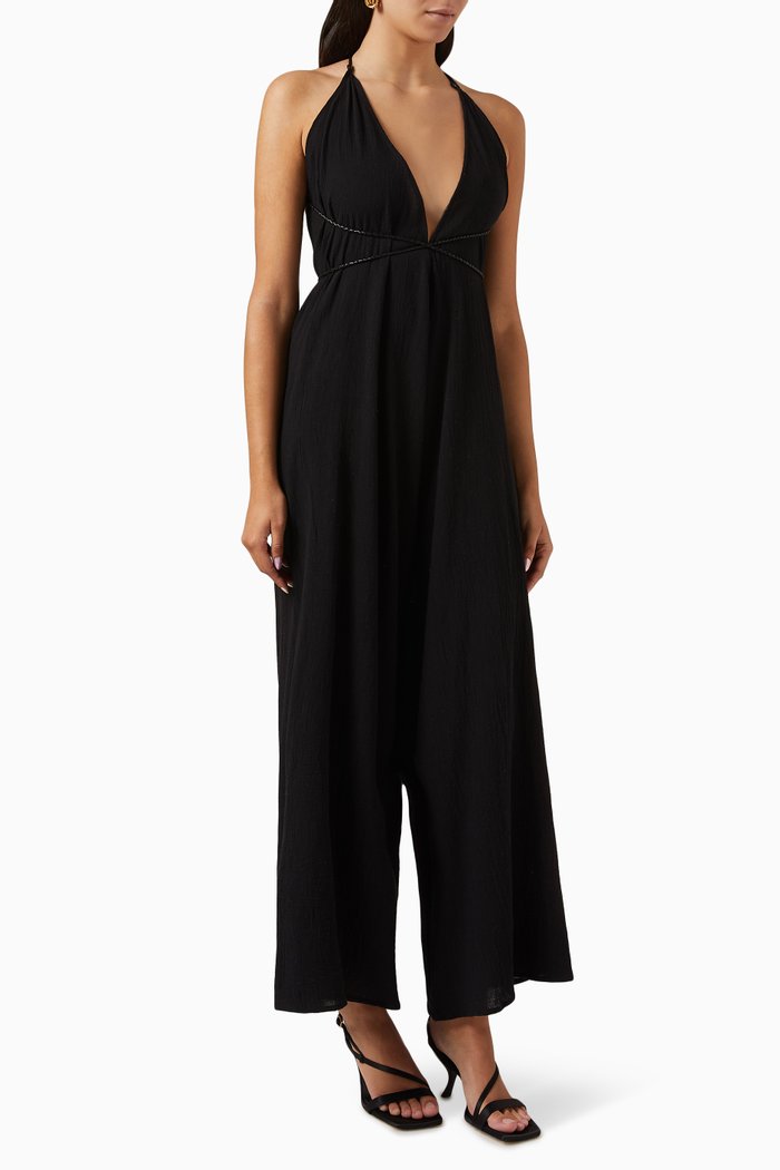 

Pakkun Plunge-neck Jumpsuit in Cotton-gauze, Black
