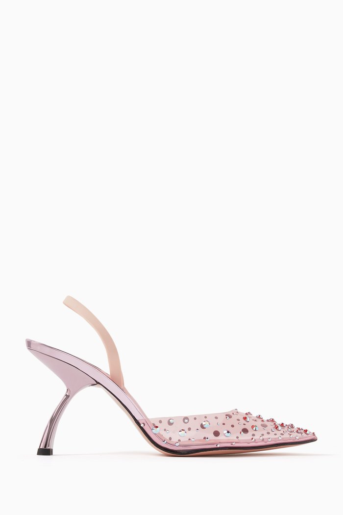Upanova 85 Mule Sandals in Plexi & Metallic Leather, Pink