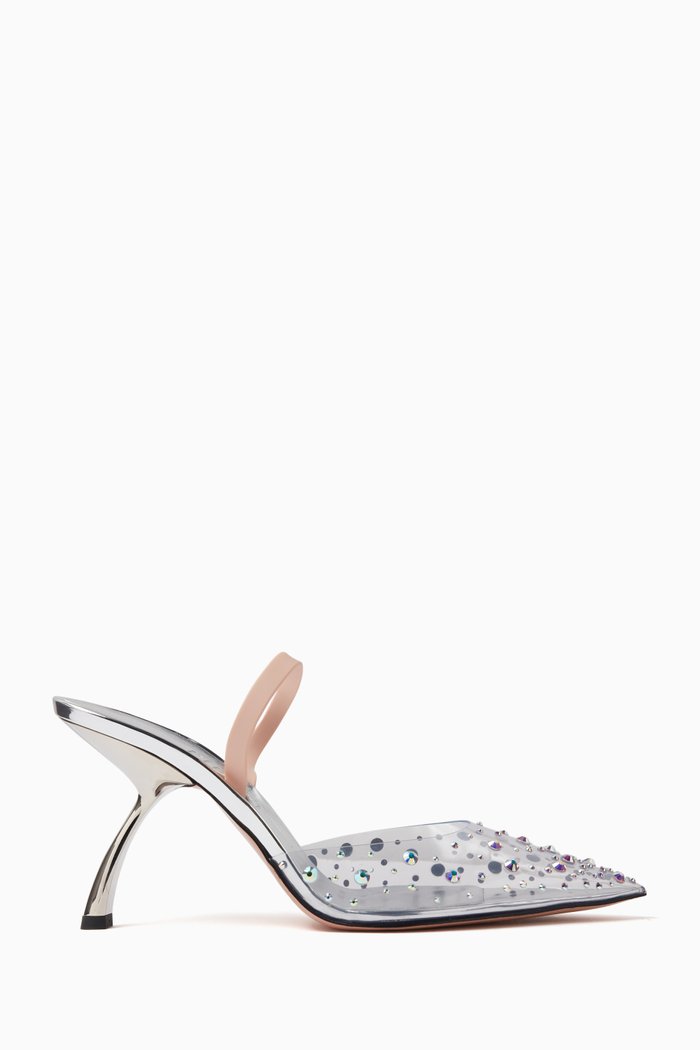 

Upanova 85 Mule Sandals in Plexi & Metallic Leather, Silver