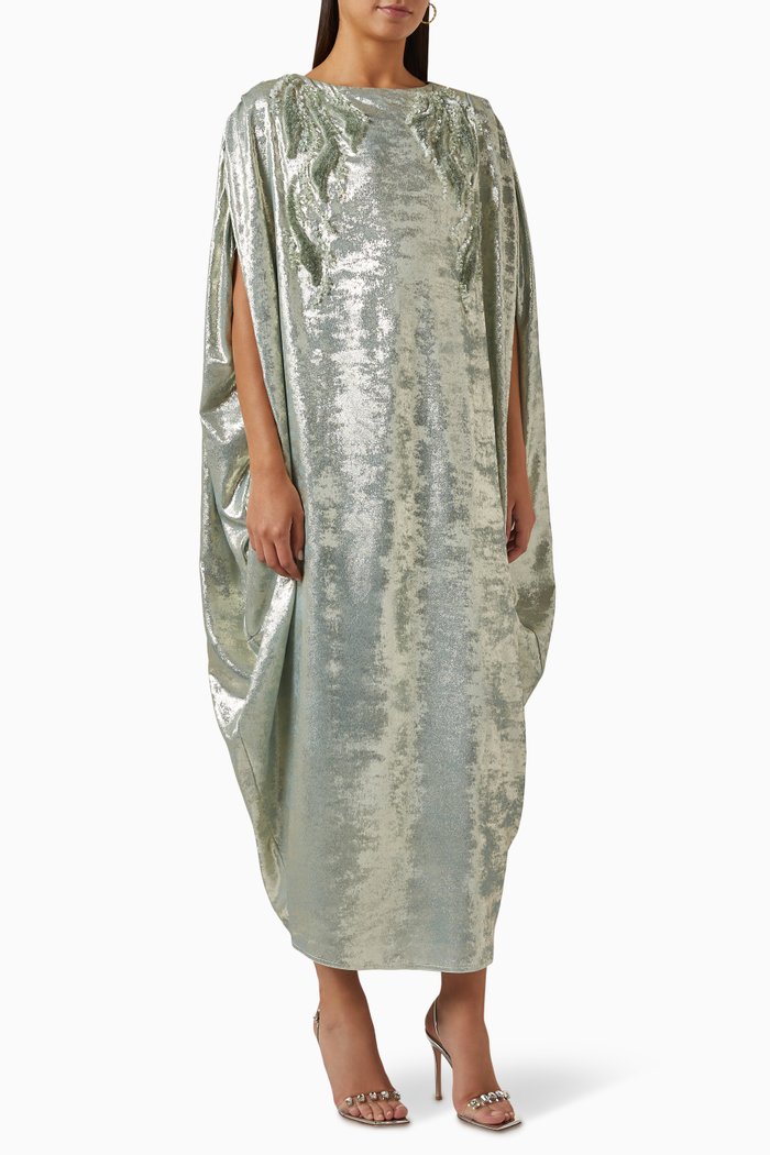 

Embellished Kaftan in Foil Crepe, Green
