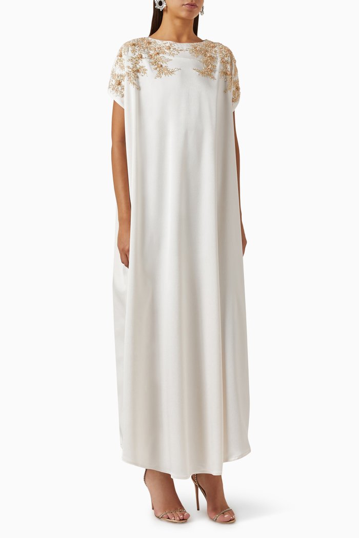 Embellished Kaftan in Crepe, White