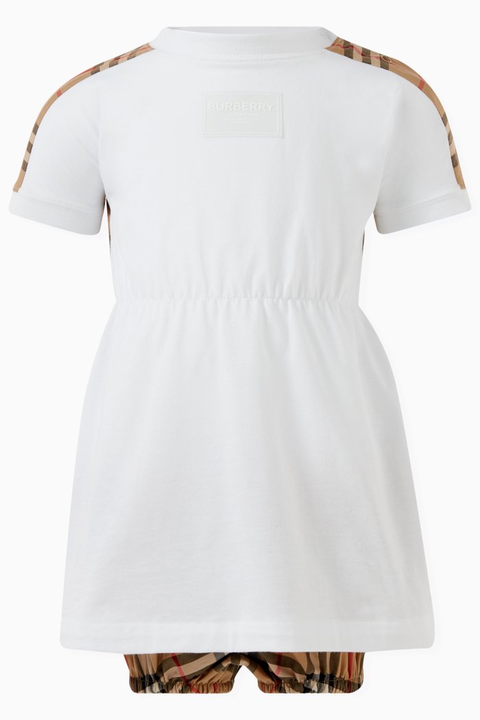 Logo-applique Check-print Dress Set in Cotton, White