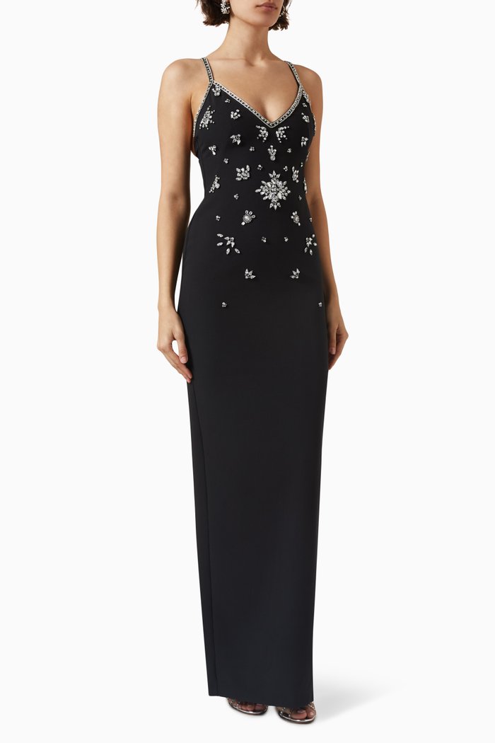 

Scattered Crystal Column Gown in Crepe, Black