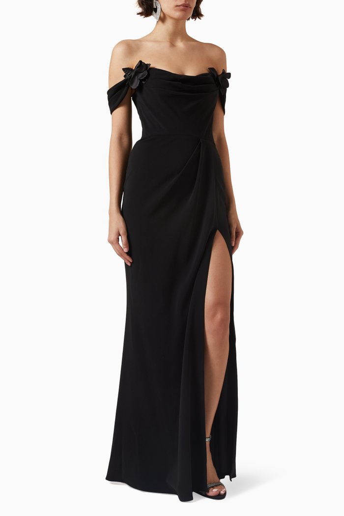 

Off-shoulder Column Gown in Crepe, Black