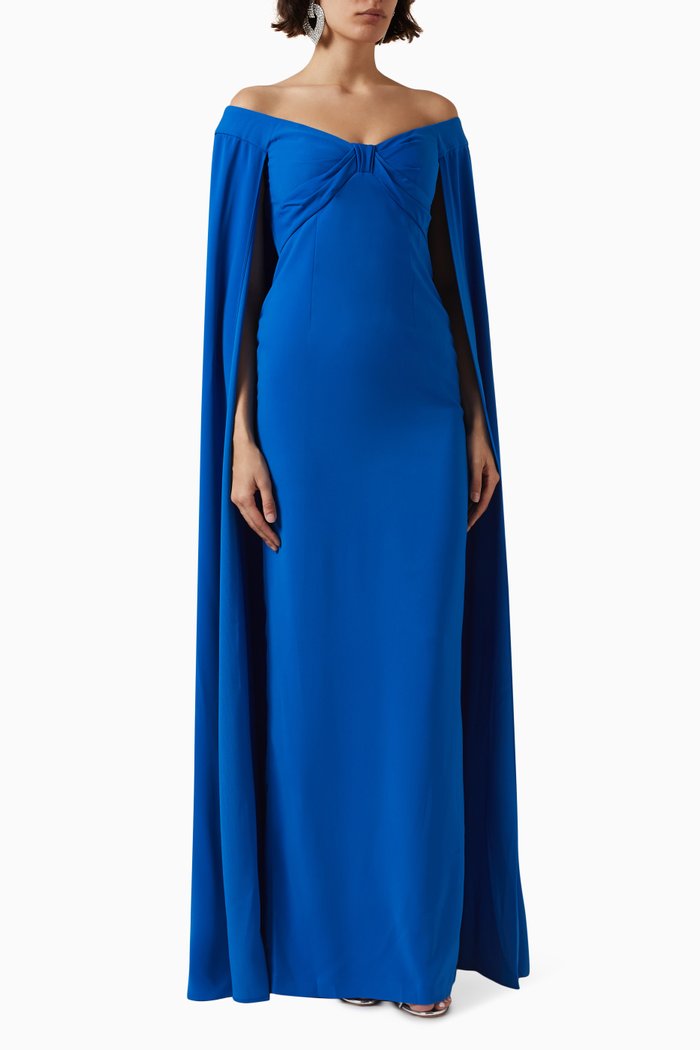 

Off-shoulder Cape Column Gown in Crepe, Blue