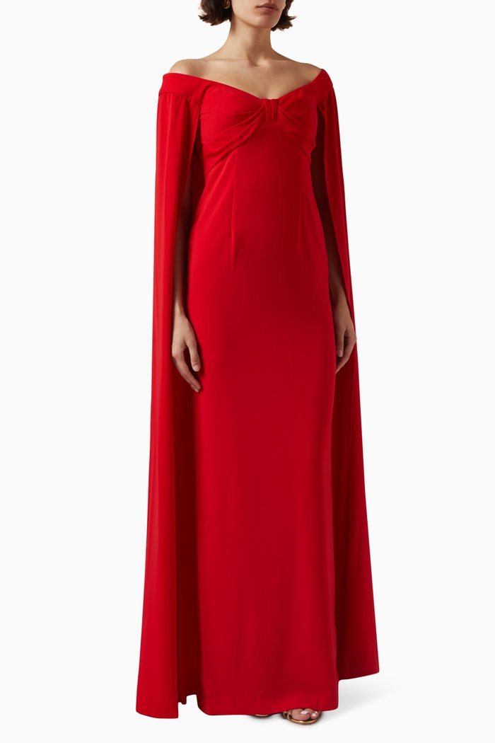 

Off-shoulder Cape Column Gown in Crepe, Red