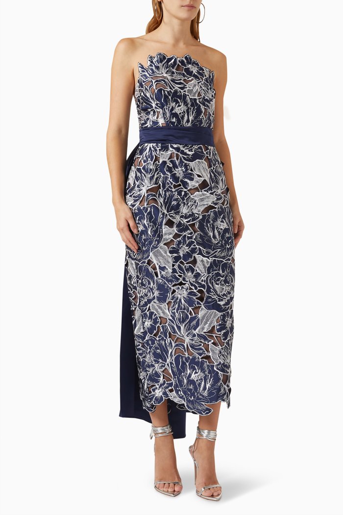 

Embroidered Strapless Midi Dress in Satin, Blue