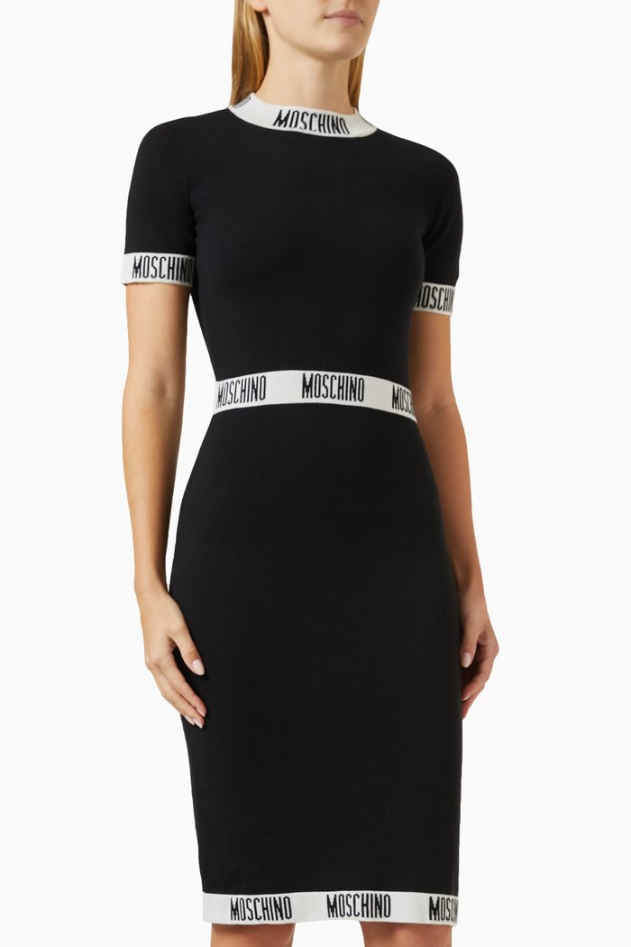 

Logo Tape Midi Dress in Merino Wool, Black