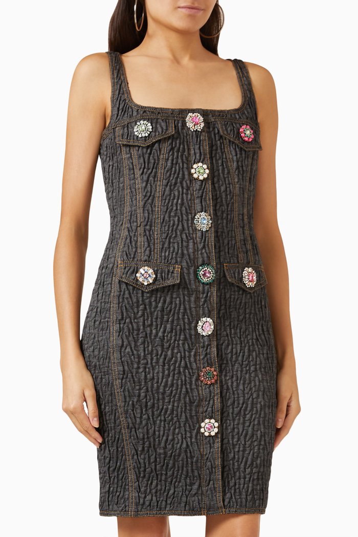 

Jewel Buttons Mini Dress in Quilted-denim, Black