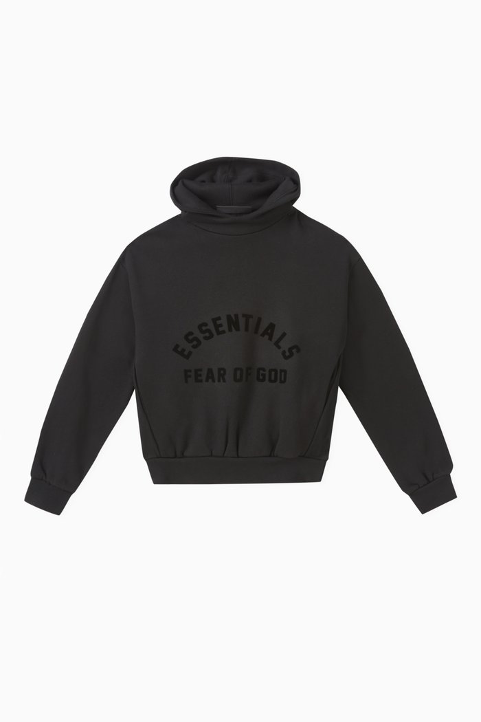 

Flocked Logo Hoodie in Cotton-blend Fleece, Black