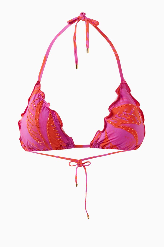

Embroidered Lettuce Edge Triangle Bikini Top, Multicolour