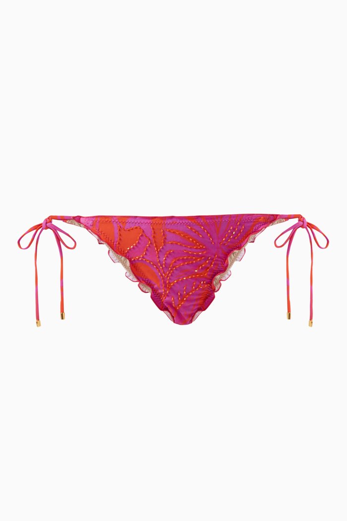 

Embroidered Lettuce Edge Tie Teeny Bikini Bottoms, Multicolour