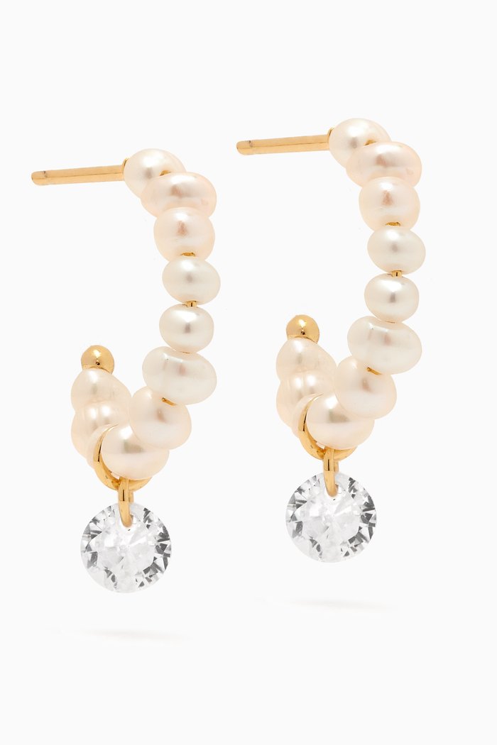 

Crystal Drop Pearl Hoops in Gold-plated Brass, White