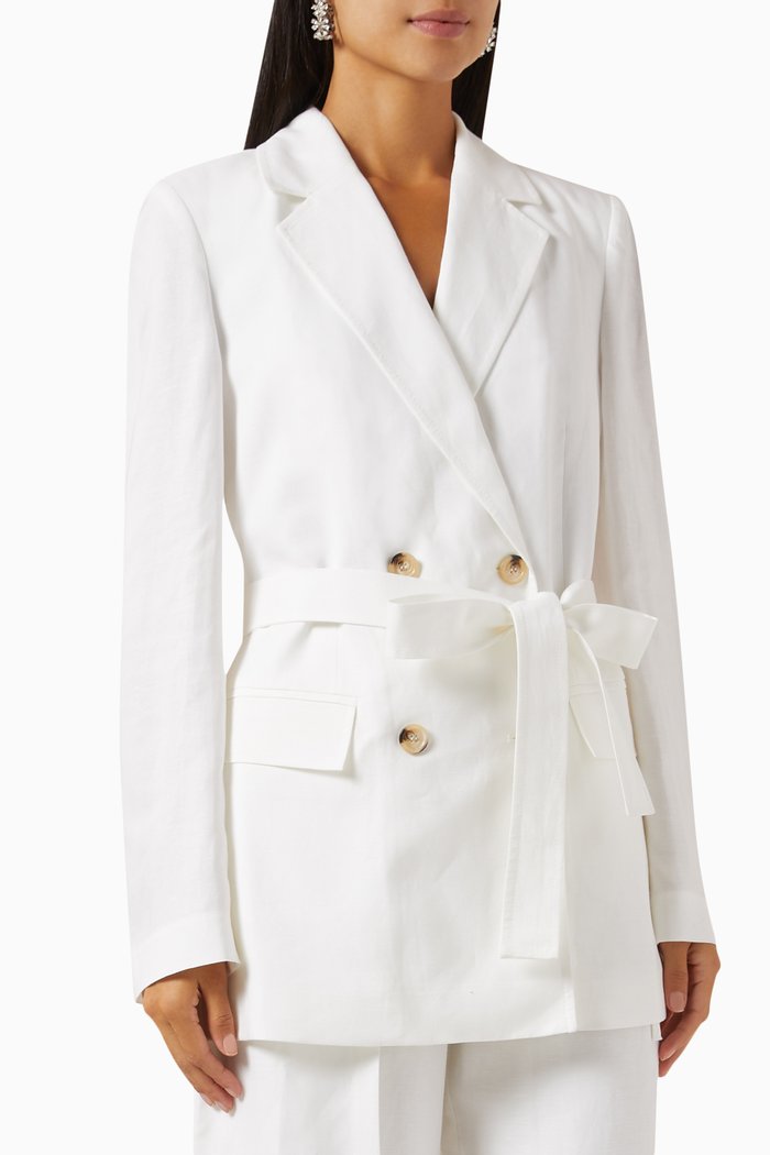

Double-breasted Belted Jacket in Linen-blend, White