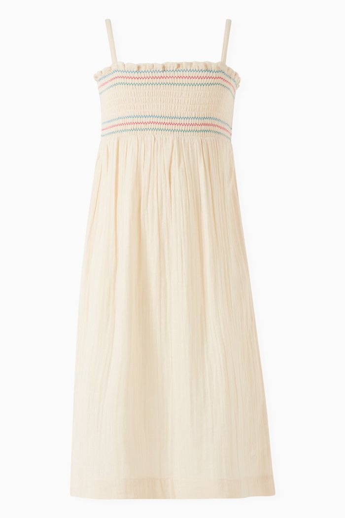 

Smocked Midi Dress in Cotton-gauze, Neutral