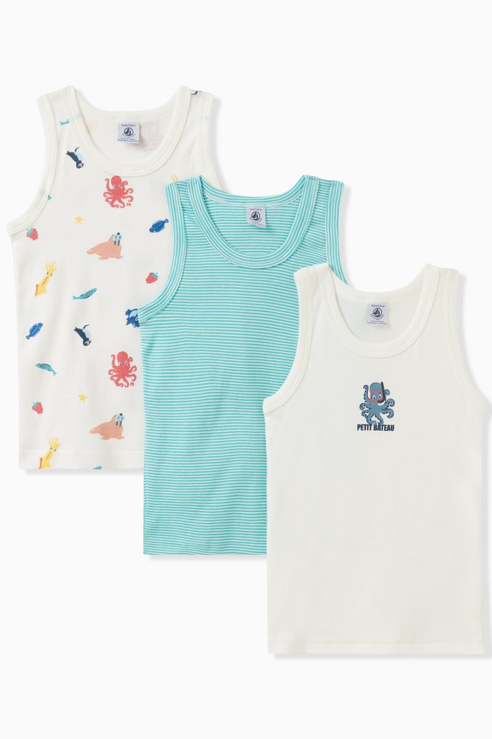 

Printed Vest in Cotton, Set of 3, Multicolour