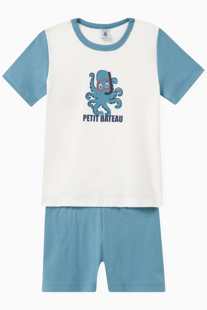 Octopus-print Short Pyjama Set in Cotton, Multicolour