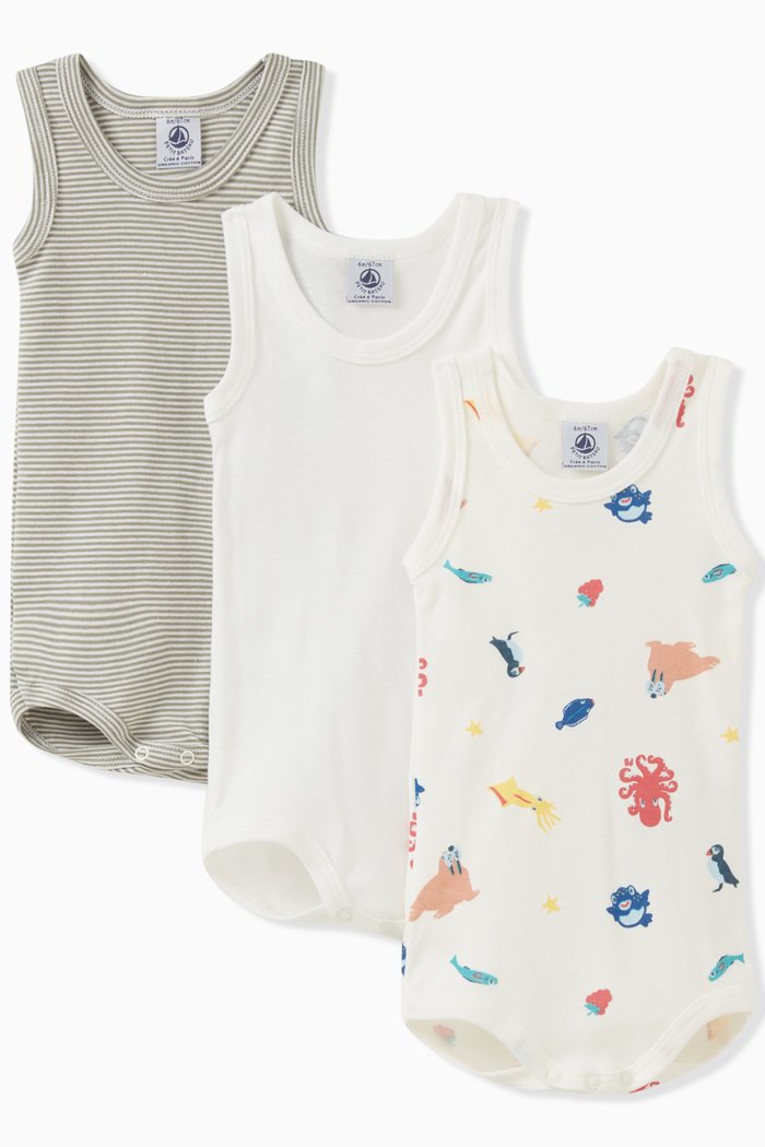 Sea Animal-print Vest Bodysuits in Cotton, Set of 3, Multicolour