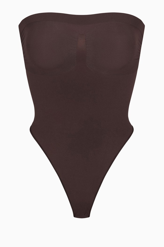 Seamless Sculpt Strapless Thong Bodysuit, Brown