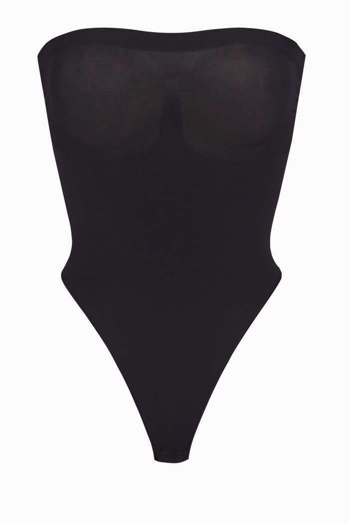 Seamless Sculpt Strapless Thong Bodysuit, Black
