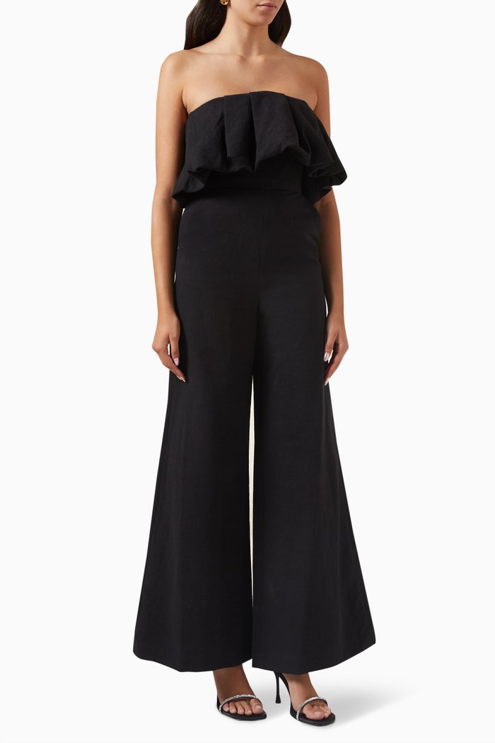 

Puff Flared-leg Jumpsuit in Cotton-linen Blend, Black