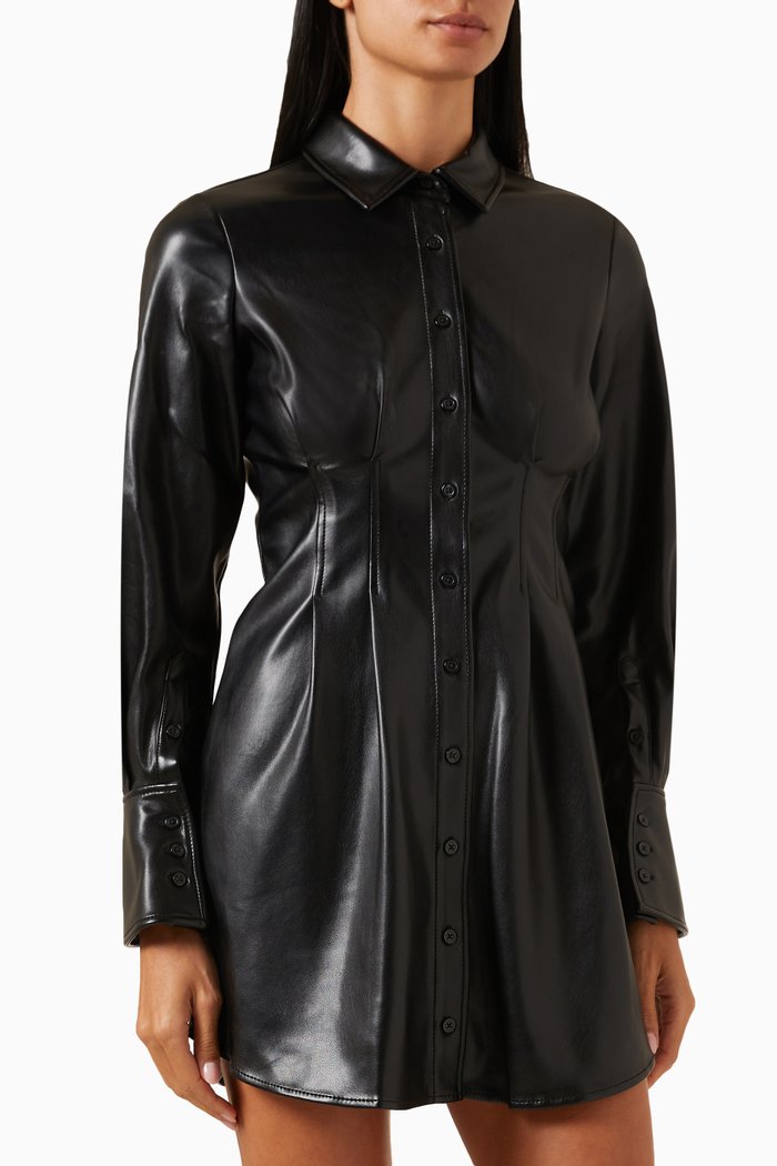 Soiele Mini Shirt Dress in Faux Leather, Black
