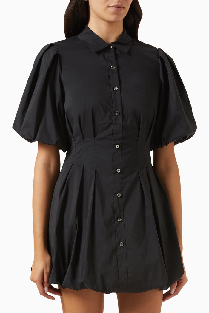 Cleo Pleated Mini Dress in Poplin, Black