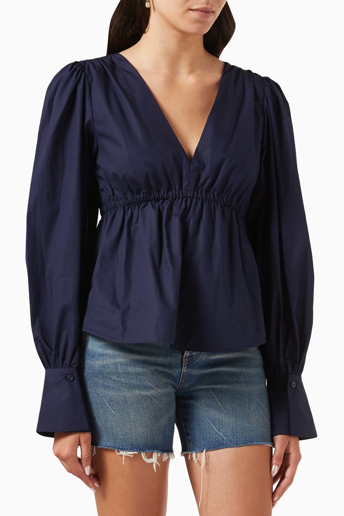 Dominique Top in Cotton Poplin, Blue