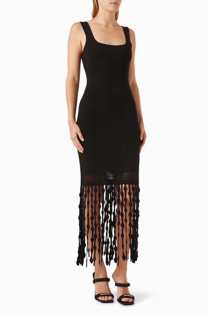 

Signa Lattice Fringe Maxi Dress in Ribbed-knit, Black