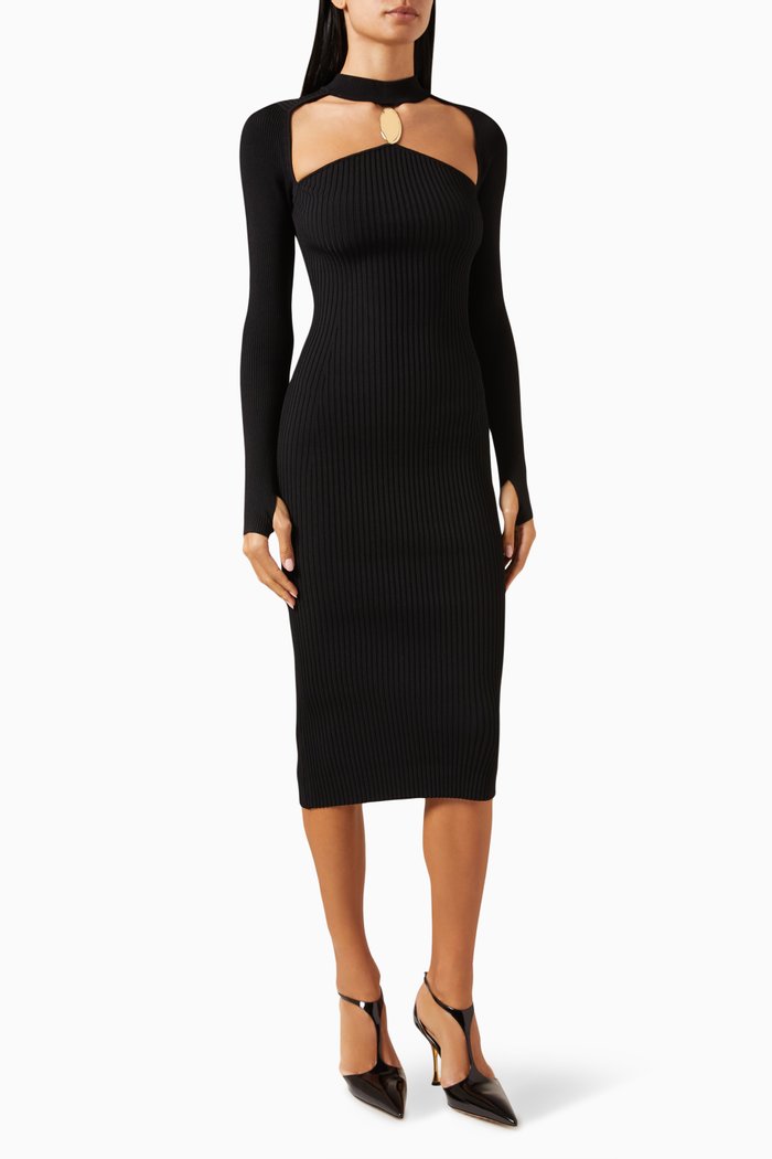 

Nikolai Asymmetrical Neckline Midi Dress in Ribbed-knit, Black