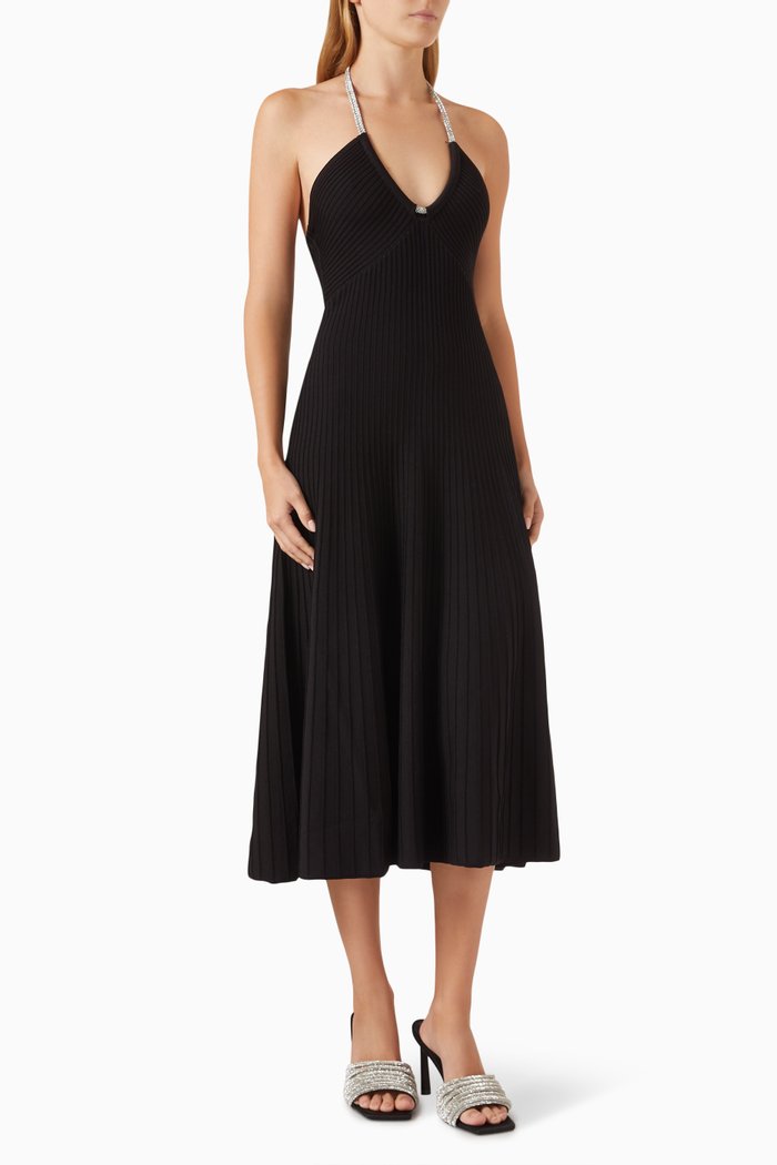 

Sadira Crystal Halterneckline Midi Dress in Ribbed-knit, Black