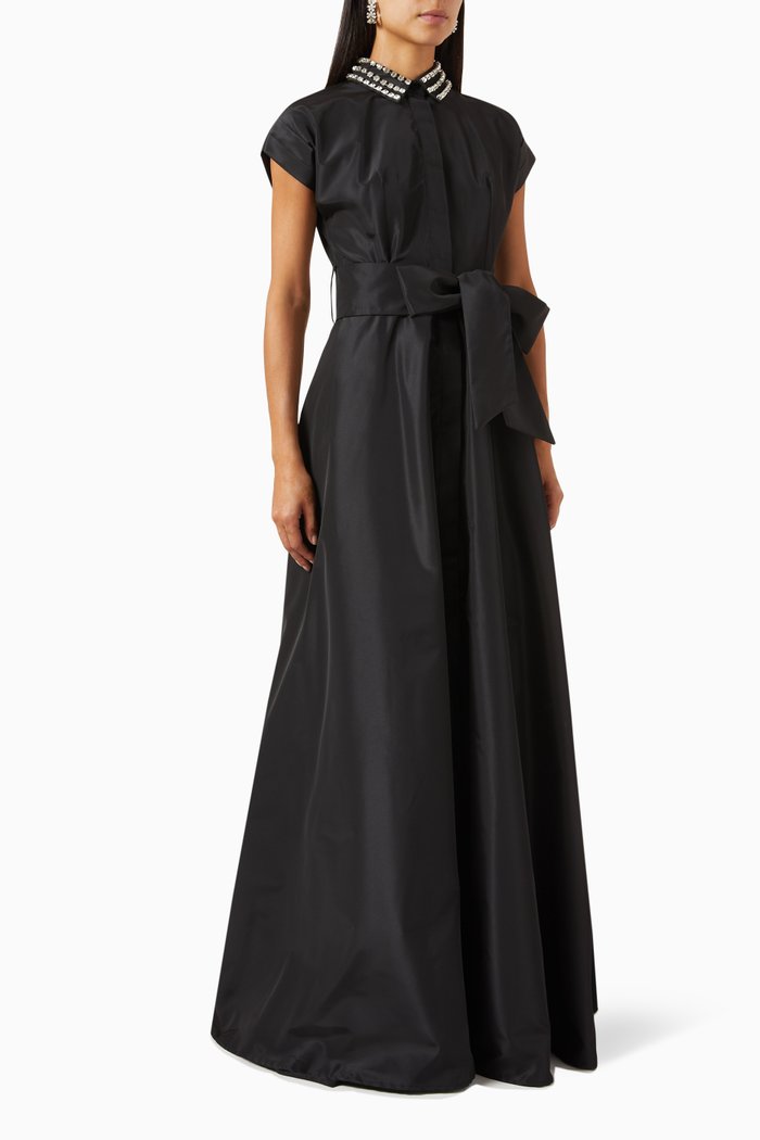 

Embroidered Collar Dress in Taffeta, Black