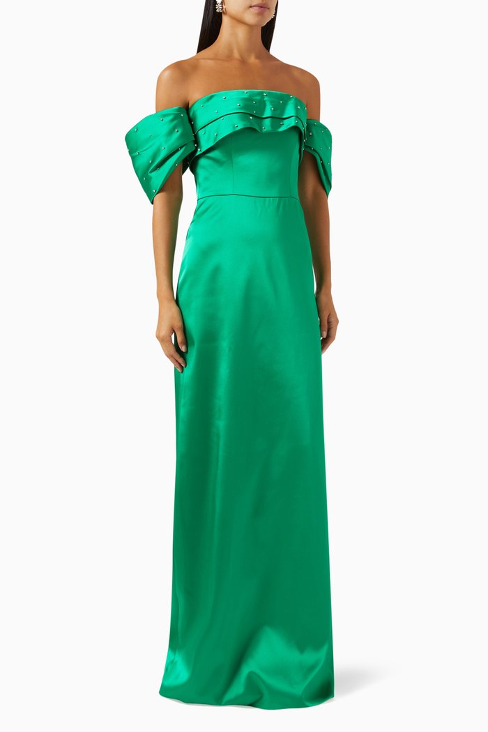 

Off-shoulder Embroidered Dress in Satin, Green