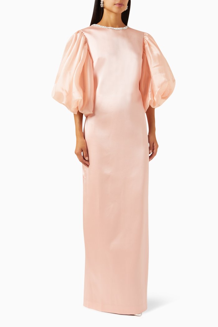 Embellished Collar Dress in Satin, Pink