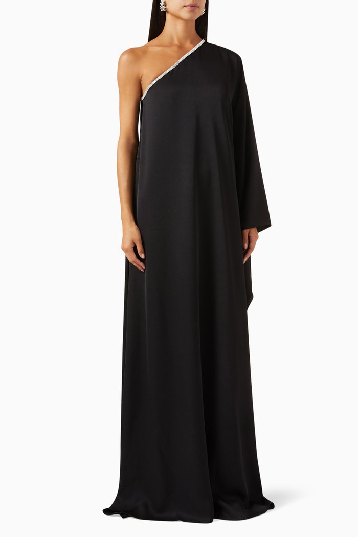 

One-shoulder Embellished Dress in Crepe, Black
