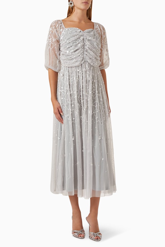 

Ruched Sequin-embellished Midi Dress in Tulle, Grey