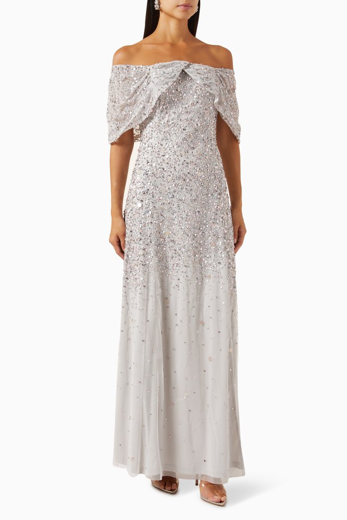 

Off-shoulder Embellished Maxi Dress in Tulle, Grey