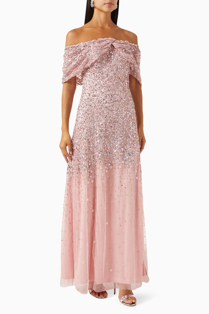 

Off-shoulder Embellished Maxi Dress in Tulle, Pink