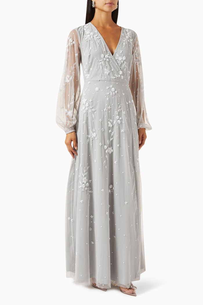 

Embellished Balloon-sleeve Maxi Dress in Tulle, Grey