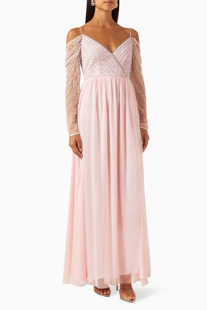 

Off-shoulder Embellished Maxi Dress in Tulle, Pink