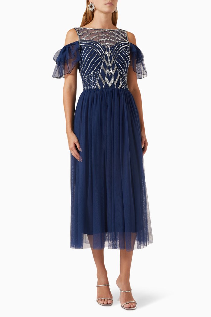

Embellished Midi Dress in Tulle, Blue