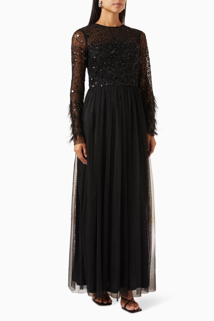 

Feather-trimmed Embellished Maxi Dress in Tulle, Black