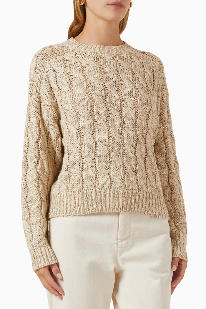 

Sequin-embellished Cable-knit Sweater, Neutral