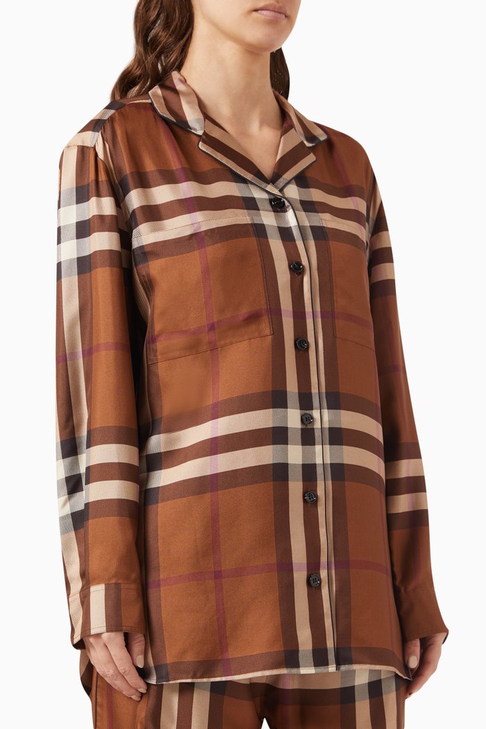 

Jackie Check-print Pyjama Shirt in Silk, Blue