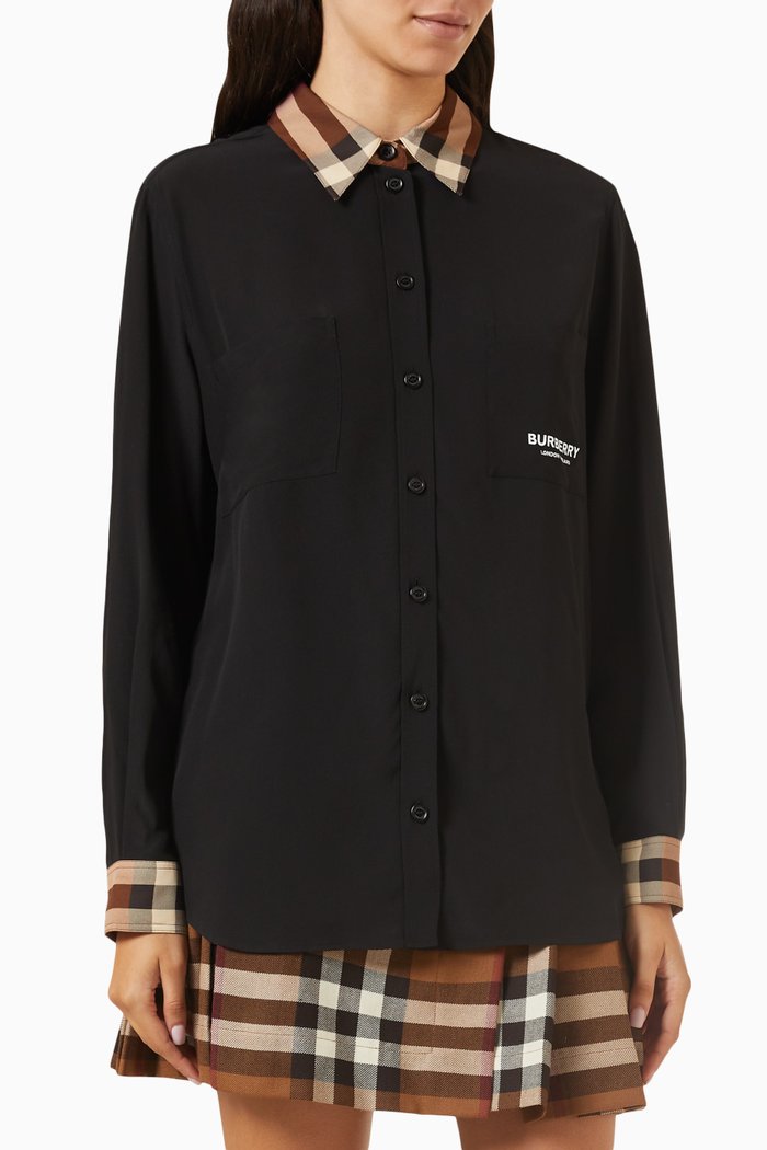 

Check Trim Anette Shirt in Silk Georgette, Black