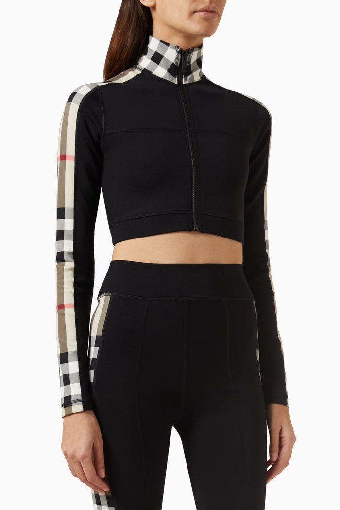 

Check Trim Cropped Zip Top in Stretch Nylon, Black