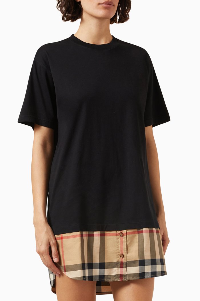 Check Panel Oversized T-shirt Dress in Cotton, Black