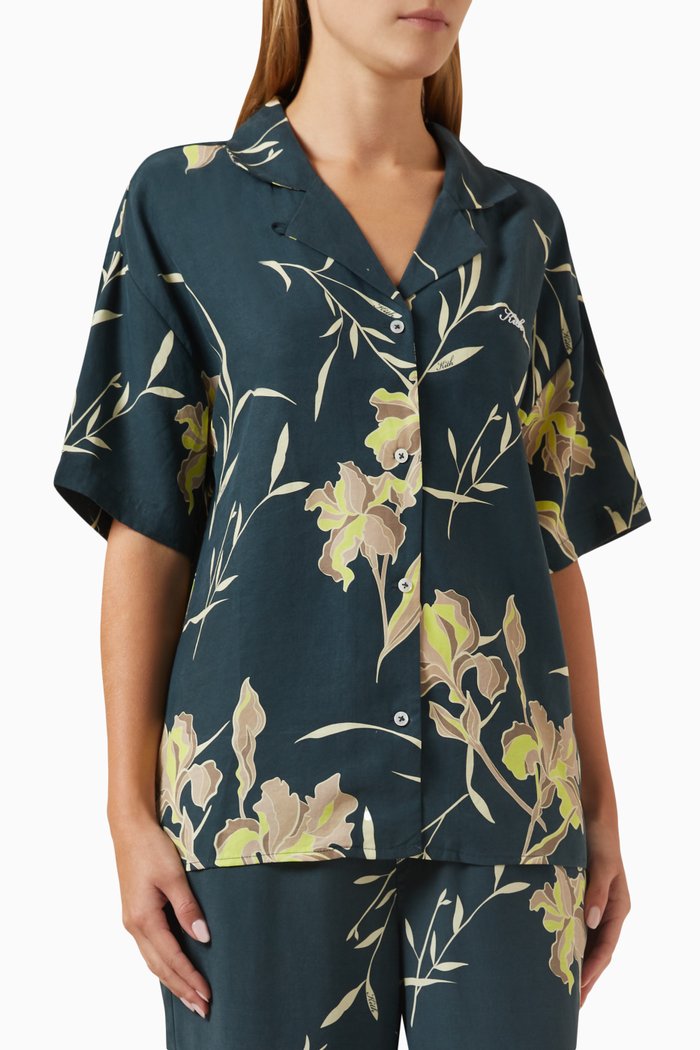 

Elena Palm Camp Shirt in Cupro-blend, Blue